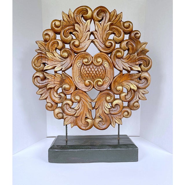 Vintage Rustic Decorative Hand-Carved Filigree Wood Medallion | Chairish