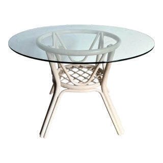 Boho Chic Beige Rattan Circular Glass Top Dining Table For Sale