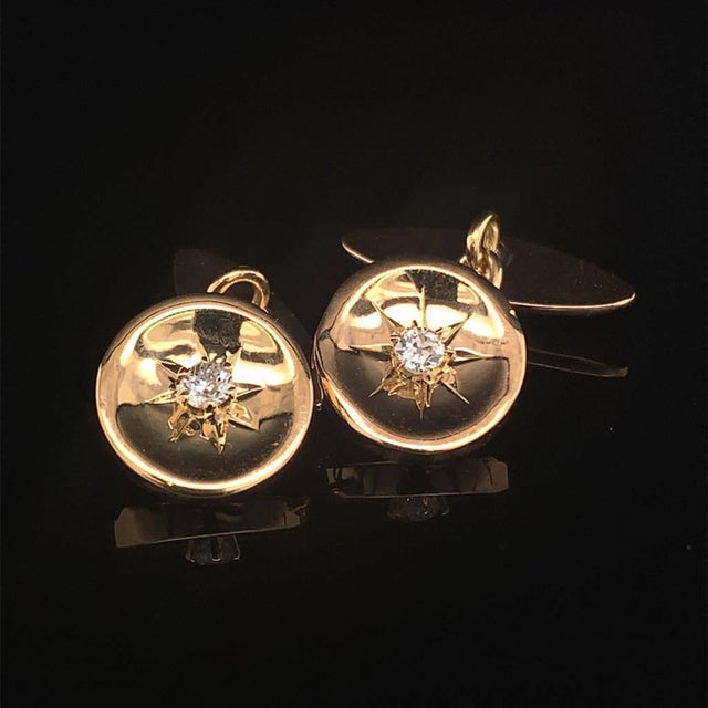 Diamond 14k Yellow Gold Cufflinks Certified, Pair For Sale - Image 4 of 11