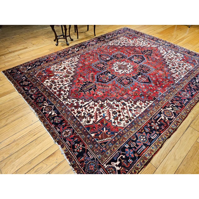 Vintage Persian Heriz Rug, Hand-Knotted Wool, Geometric Medallion Pattern, Red & Navy, 8x11 For Sale - Image 9 of 10
