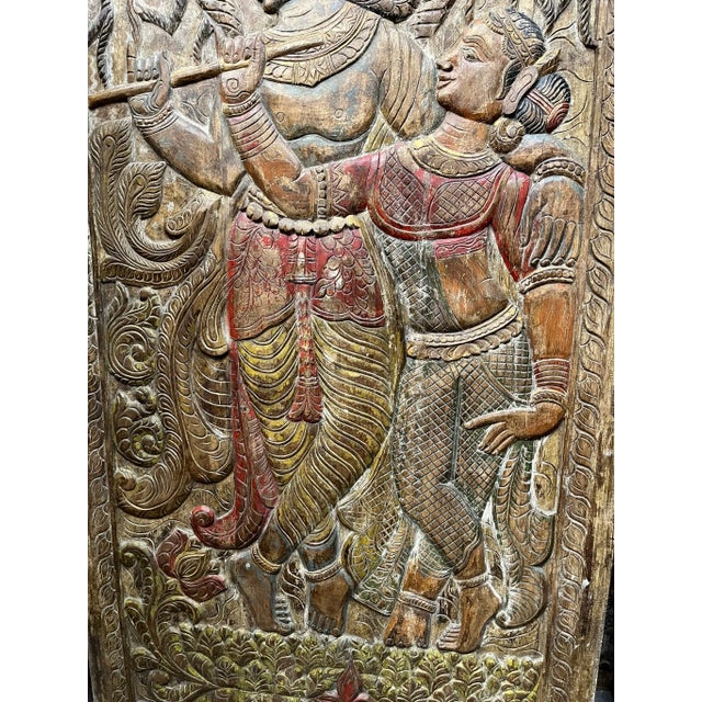 Wood Vintage Radha Krishna Carved Wall Panel – Colorful Indian Art Barn Door Décor 96x40 For Sale - Image 7 of 10