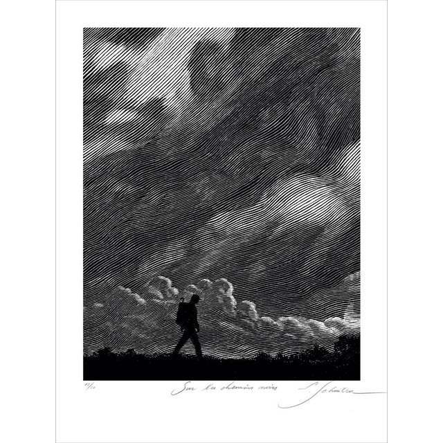 François SCHUITEN, On the Black Paths - Dark Clouds, 2026 Print of an engraving made on scratch paper from the book 'Sur...