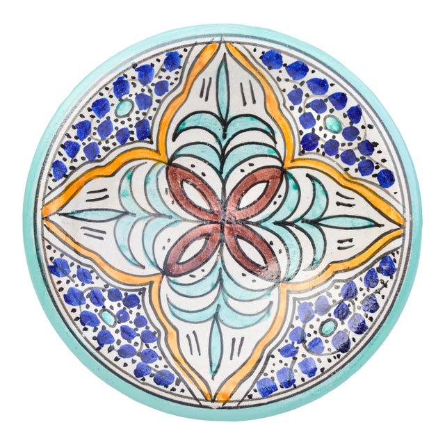 Mid 20th Century Moroccan Turquoise Orange & Blue Ceramic Wall Plate For Sale
