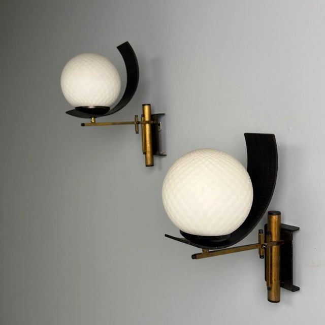 Metal Stilux Attr., Italian Mid-Century Modern, Dome Wall Sconce, Brass, Iron, Glass For Sale - Image 7 of 7