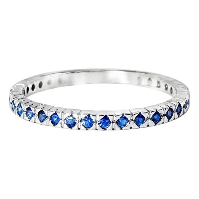 Mid 20th Century 14k White Gold Sapphire Eternity Wedding Band, Size 7 For Sale