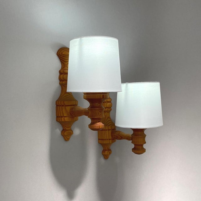 Pine and Fabric Wall Lights, Sweden, 1960s-1970s, Set of 2 For Sale - Image 4 of 12