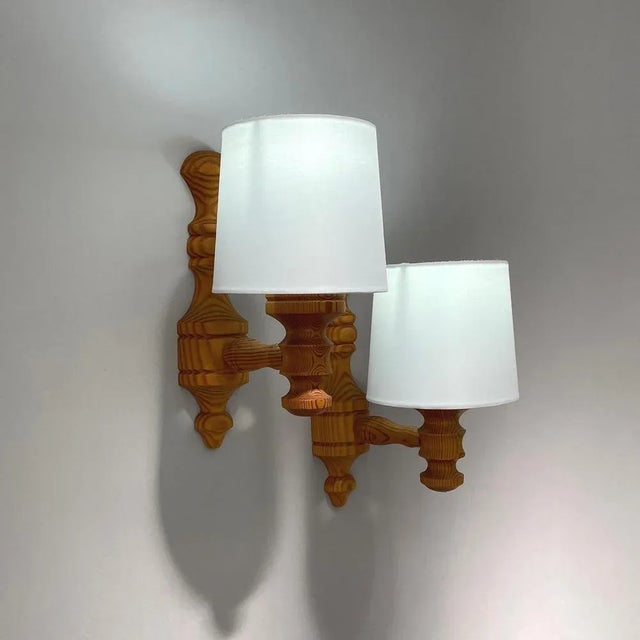 Pine and Fabric Wall Lights, Sweden, 1960s, Set of 2 For Sale - Image 4 of 12