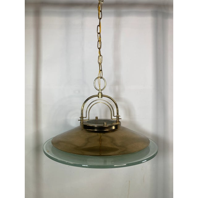 Mid Century Modern Brass and Frosted Glass Flying Saucer Style Chandelier For Sale - Image 10 of 11