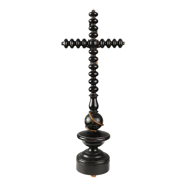 Antique French Wood and Brass Crucifix, 1800s For Sale