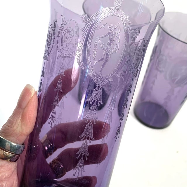 Early 20th Century Early 20th Century Amethyst Glass Tumblers With Etched Grecian Figures Set of Three For Sale - Image 5 of 12