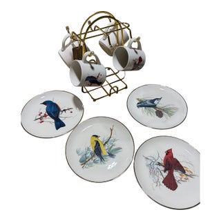 Vintage 1986 National Wildlife Federation Save Our Songbird Plate & Mug Set With Brass Stand – 9 Pieces For Sale