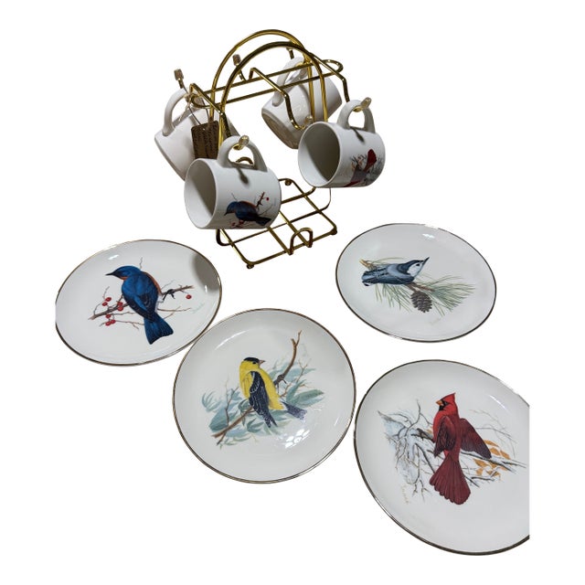 Vintage 1986 National Wildlife Federation Save Our Songbird Plate & Mug Set With Brass Stand – 9 Pieces For Sale