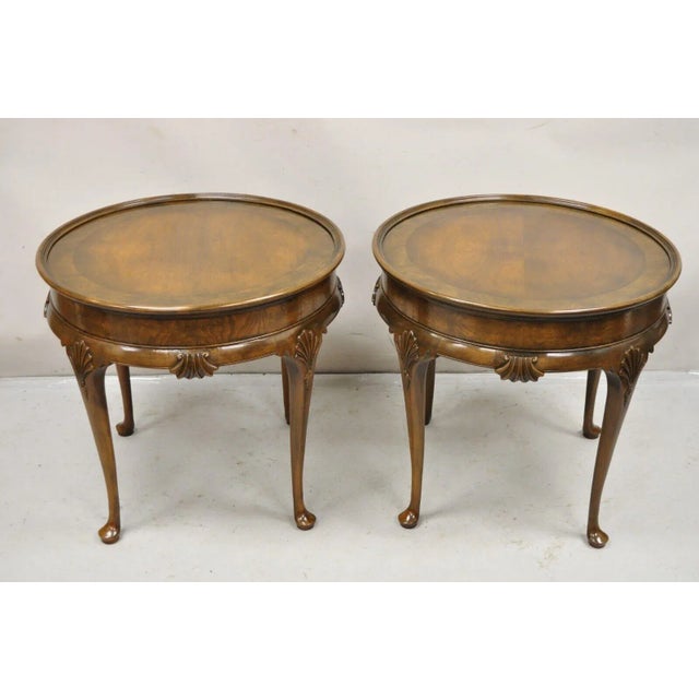 Mid 20th Century Pair Baker Furniture English Queen Anne Style Burl Walnut Round Side End Tables For Sale - Image 10 of 12