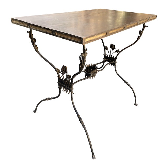 French Wrought Iron Side Table W/ Flowers & Wooden Top For Sale