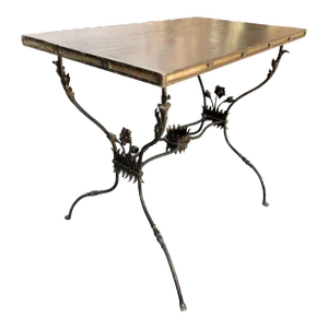 French Wrought Iron Side Table W/ Flowers & Wooden Top
