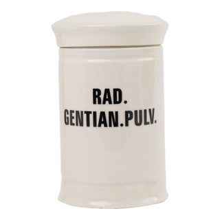 Antique-Style Ceramic Apothecary Jar With Lid - Rad. Gentian. Pulv. For Sale