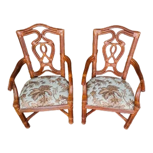 Pair of Vintage Bernhardt Rattan Chairs With New Schumacher Linen ‘Coconut Grove’ Seat Upholstery