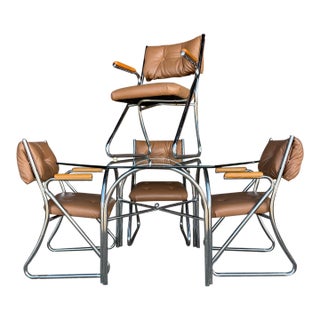 Daystrom Chrome Tubular Octagonal Glass Dining Table With 4 Chairs With Wooden Arm Rests For Sale