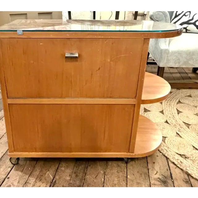 Wood Mid Century Art Deco Inspired Rolling Bar Cart With Drop Front and Glass Bar Storage on the Reverse. For Sale - Image 7 of 9