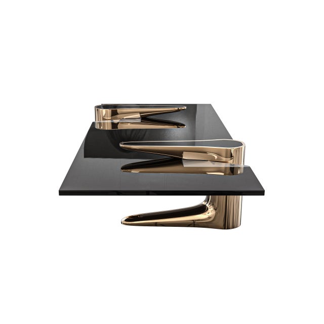Art Deco "Falce" Coffee Table With Bronze and Stainless Steel, Hand Crafted For Sale - Image 3 of 6