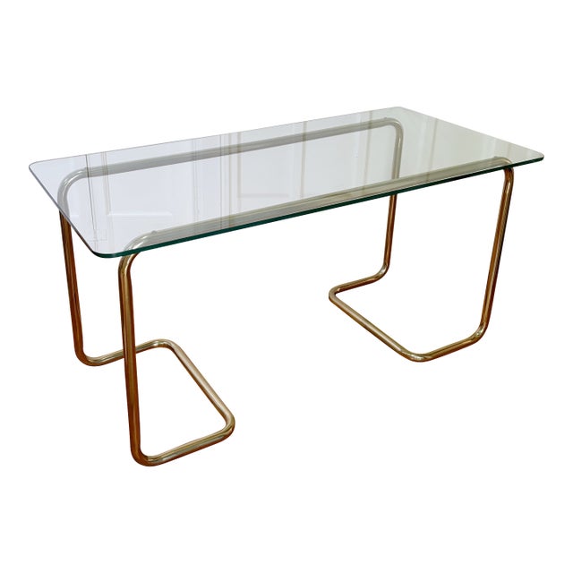 Vintage 1970s/1980s Postmodern Tubular Brass and Glass Console Table, Desk, or Small Dining Table For Sale