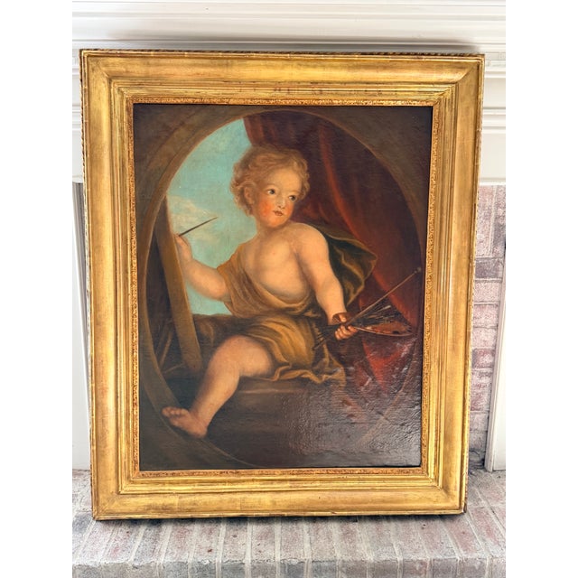 Impressive antique-style European oil on canvas depicting a youthful allegorical figure of Painting, seated at an easel...