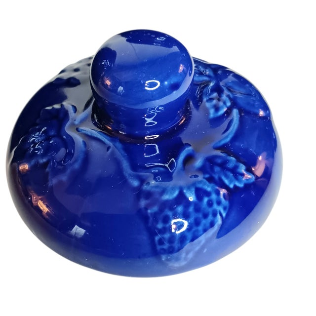 Early 21st Century Set of Three (3) Vintage Cobalt Blue Ceramic Canisters Raised Fruit Grape Design For Sale - Image 5 of 14