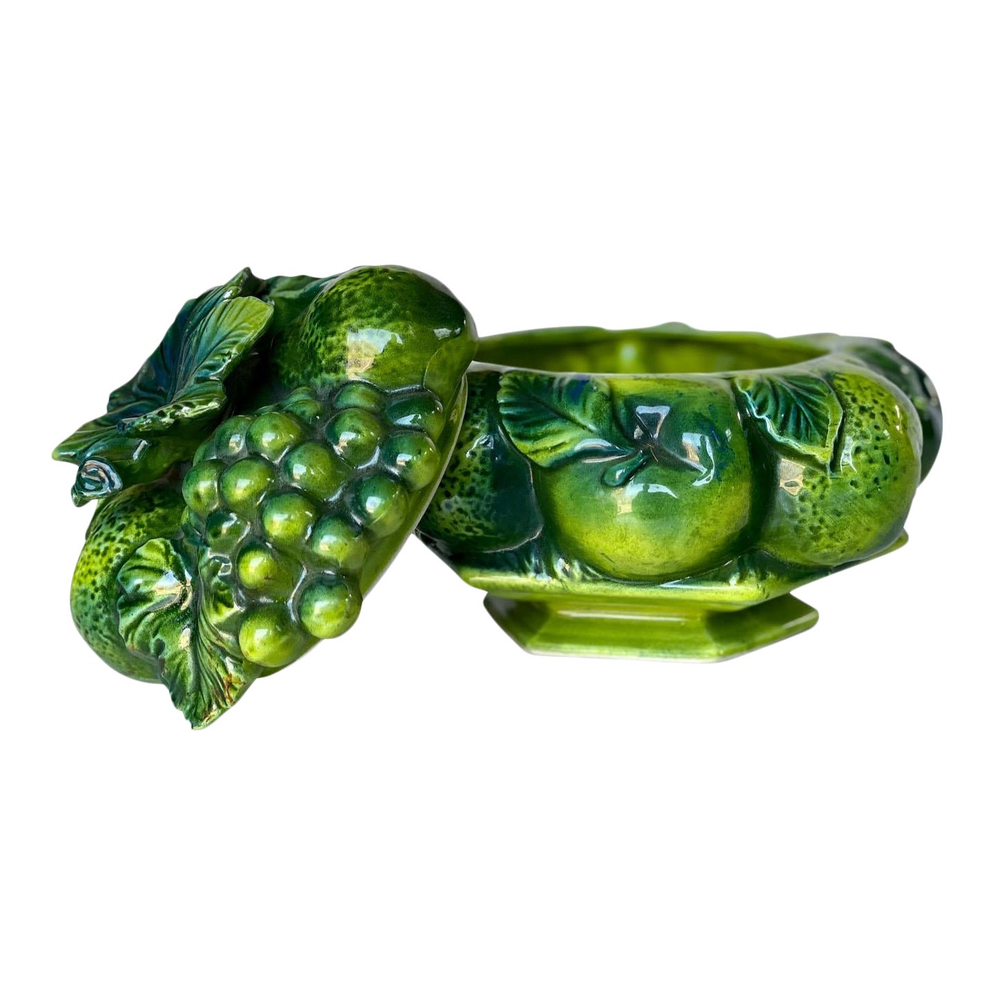 Vintage Porcelain Green Apple and Grape Bowl Dish W/ Lid by Inarco