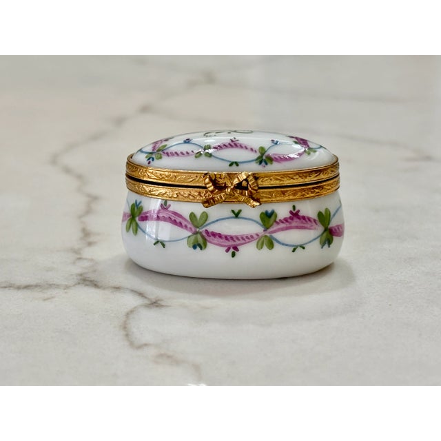 Vintage Limoges- Pink and Green Porcelain Trinket Box With Brass Bow Closure and Accents-Hand Painted For Sale - Image 10 of 10