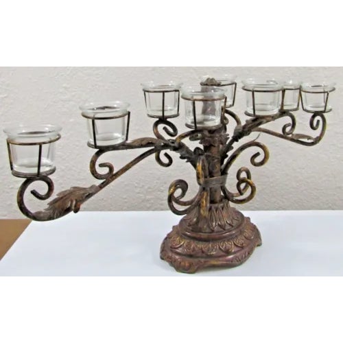Bronze Vintage 8-Piece Centerpiece Metal Candelabra Candle Holder With Glass For Sale - Image 8 of 12