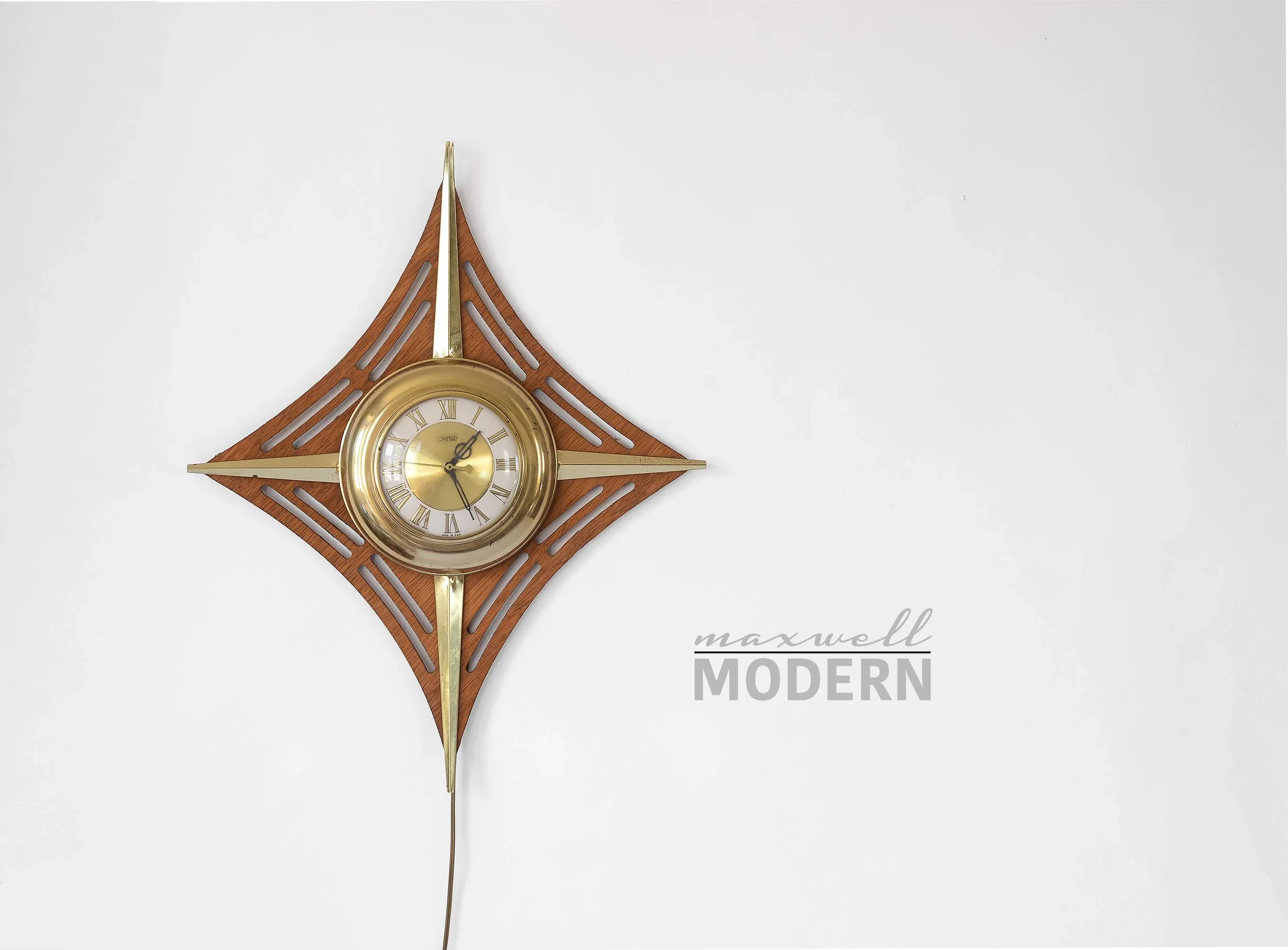 1950s United Mid Century Laminated Teak & Brass Diamond-Shaped