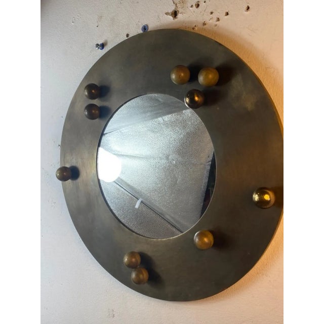 Round Italian Brass Modernist Mirror With Applied Brass Balls In Asymmetrical Formation Designed in The 1970's.