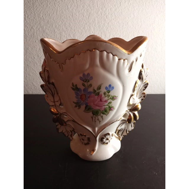 Ceramic 1950s Porcelain Handpainted Floral Spill Vase Likely French For Sale - Image 7 of 8