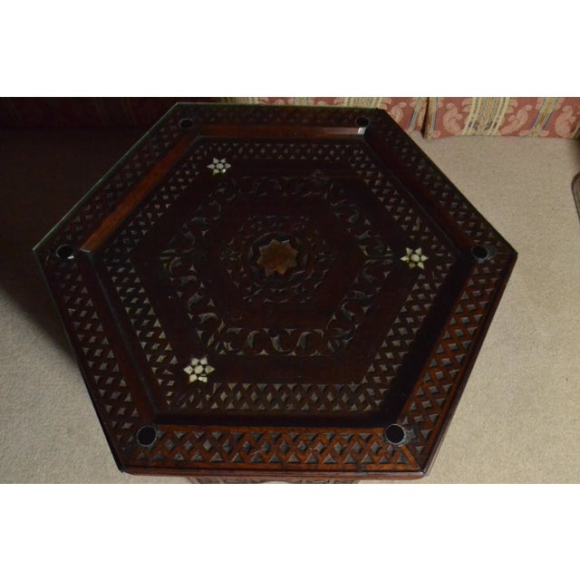 Moroccan Vintage Authentic Hand Carved Moroccan Side Table Glass Mother of Pearl Inlay For Sale - Image 3 of 9