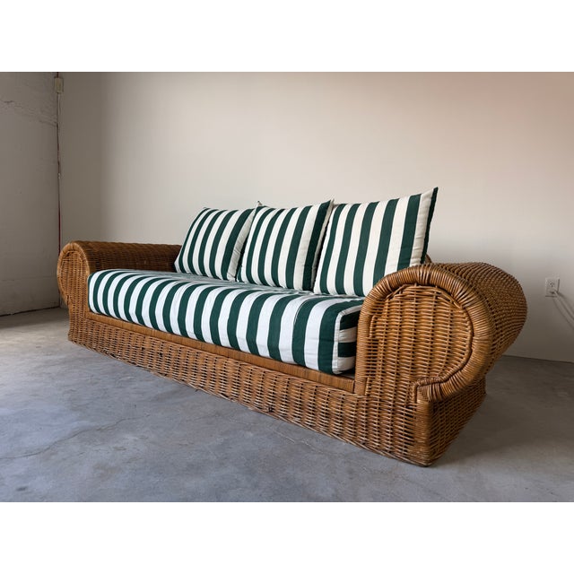 Coastal 1970s Vintage Coastal Organic - Rattan Sofa With Rolled Arms & Striped Cushions For Sale - Image 3 of 18