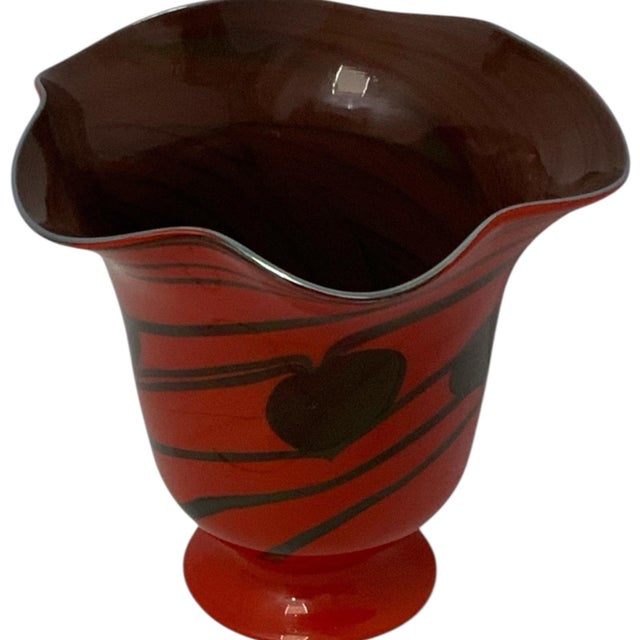 Vintage Hand Blown Studio Art Cased Glass Heart &amp; Vine Footed Ruffled Vessel c. 1970s Approximately 8 1/2" high x 8...