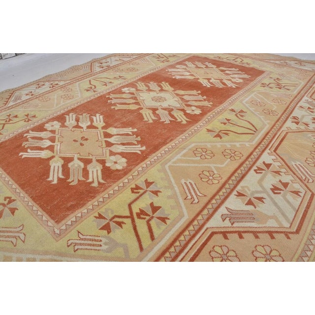 1950s Vintage Hand-Knotted Anatolian Wool Rug With Geometric Floral Medallions, Terracotta and Cream For Sale - Image 5 of 10