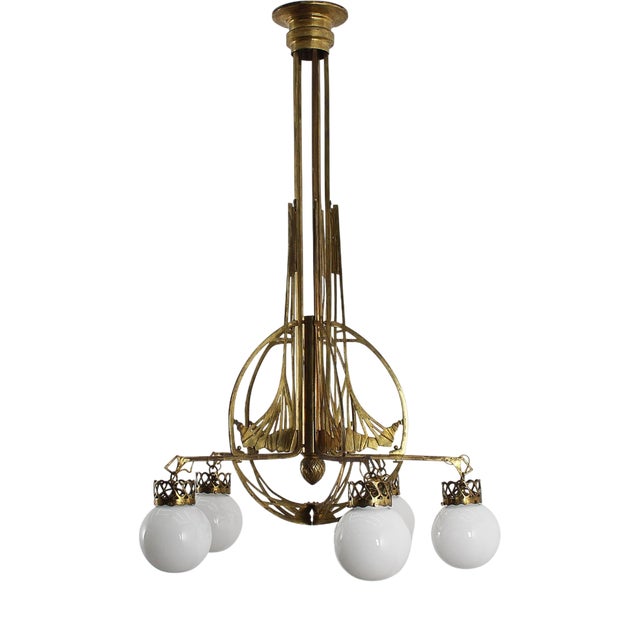 Art Nouveau Liberty Style Brass and Glass Chandelier Late Xix Sec Austria For Sale