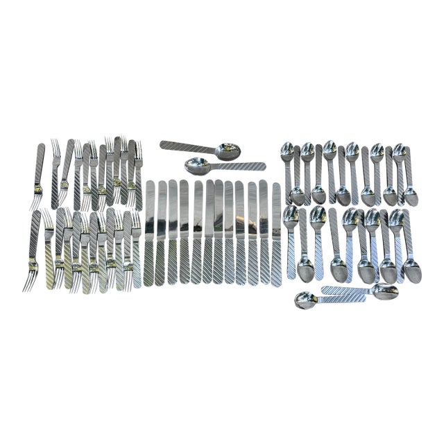 1960s Stanley Roberts Zebra 62 PCS 12 Place Settings Stainless Steel Korea Postmoden For Sale