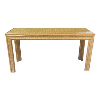 Vintage Coastal Style Wicker Console Table With Glass Top For Sale