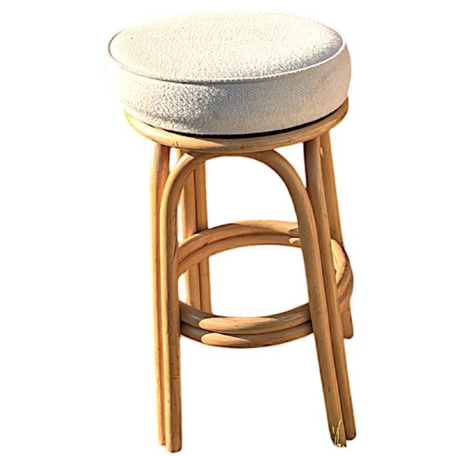 Paul Frankl Rattan Double Stand Arched Barstool With Ivory Upholstered Plush Seat, Pair For Sale - Image 4 of 12