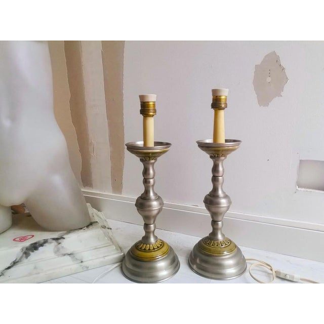 Regency Portuguese Alloy and Green Ceramic Buffet Table Lamps, 1950s, Set of 2 For Sale - Image 9 of 18