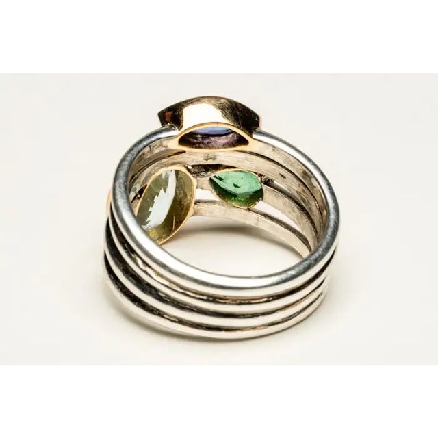 Modern 18k Gold and Sterling Cluster Ring With Aquamarine, Amethyst & Green Tourmaline For Sale - Image 3 of 5