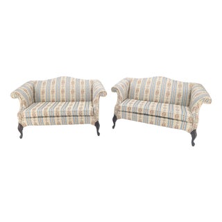 Pair of Camelback Loveseat Blue & White Striped & Floral Upholstery MINT! For Sale
