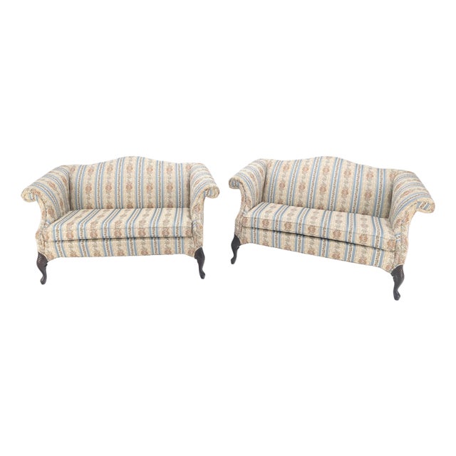 Pair of Camelback Loveseat Blue & White Striped & Floral Upholstery MINT! For Sale