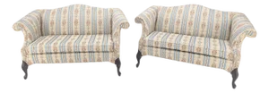 Pair of Camelback Loveseat Blue & White Striped & Floral Upholstery MINT!