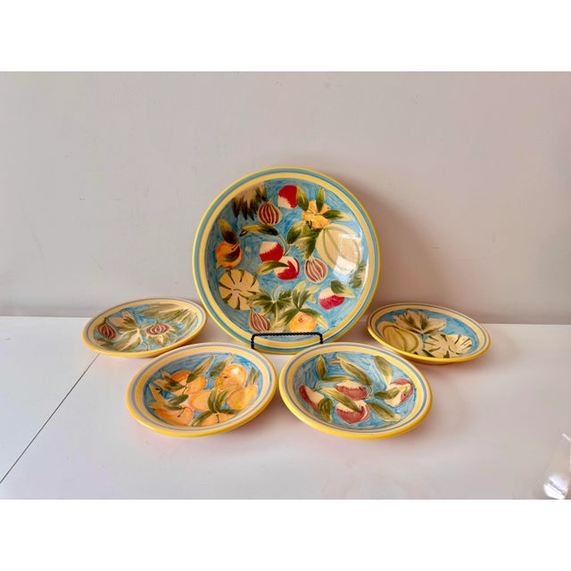 Vintage Le Souk hand painted vegetable pottery five piece serving bowl set. One large serving bowl with four individual...