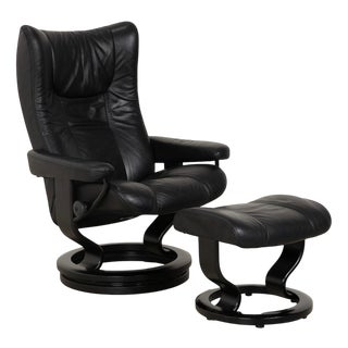 Set of Wing Leather Chair with Ottoman from Stressless For Sale