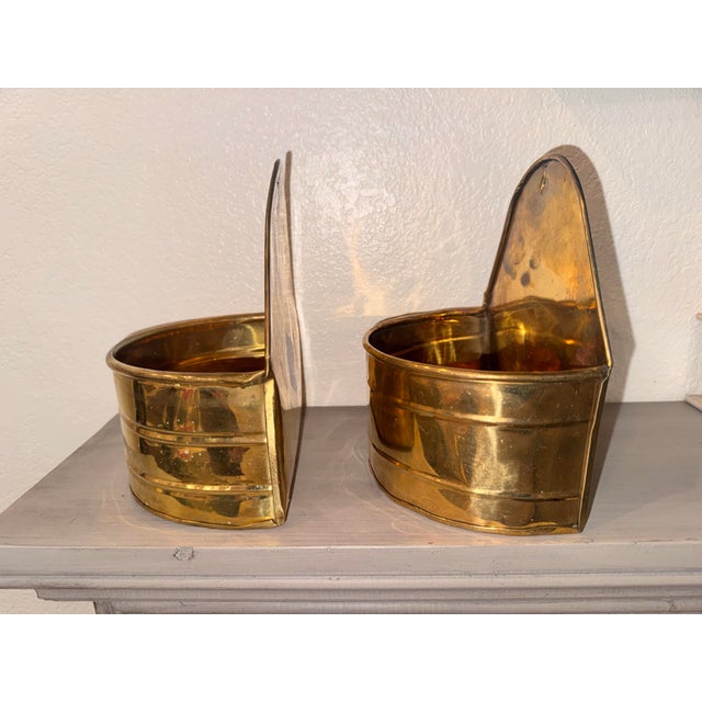 Metal Vintage Mid-Century Brass Wall Pocket Planters - A Pair For Sale - Image 7 of 7