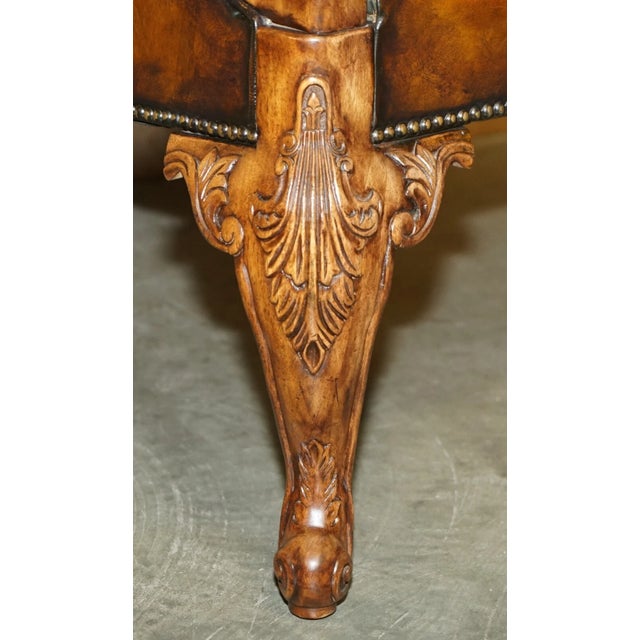 Pair of Antique Heavily Carved Hand Dyed Brown Leather Throne Armchairs For Sale - Image 12 of 18